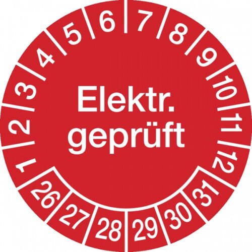 König Werbeanlagen Prüfplakette ab 26, Elektr. geprüft ab 26, rot/weiß, Ø 20/30 mm - Bogen = 10 Plaketten - 30 mm Folie selbstklebend Image