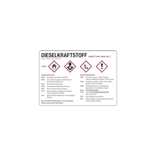 Gefahrstoffetikett, Dieselkraftstoff, Folie, mit H- und P-Sätzen /GHS/CLP/GefStoffV – 148×105 mm Folie selbstklebend