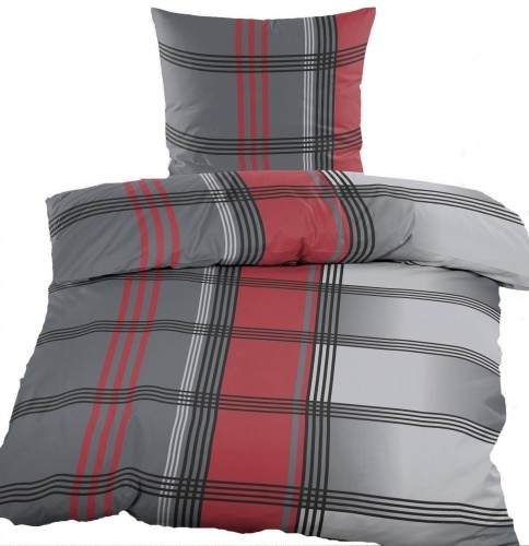 KH-Haushaltshandel Biber Winter Bettwäsche 135 x 200 + 80x80 cm, 100% Baumwolle, rot grau, Karo/Streifen Image