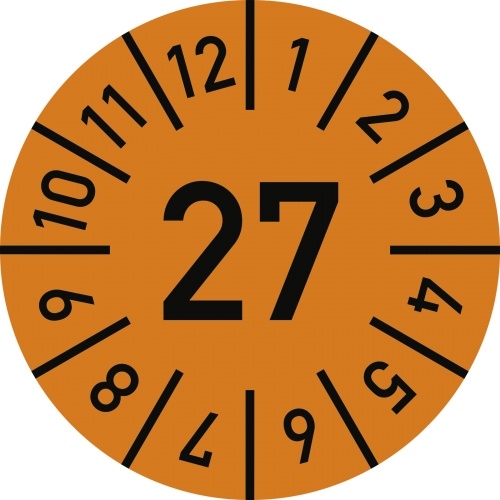 Dreifke® Prüfplakette Jahr 27 mit Monaten, orange, Folie-Spezialkl., Ø 30 mm, 10 St./Bo. Image