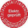 Prüfplakette ab 27, Elektr. geprüft ab 27, rot/weiß, Ø 20/30 mm - Bogen = 10 Plaketten - 20 mm Folie selbstklebend