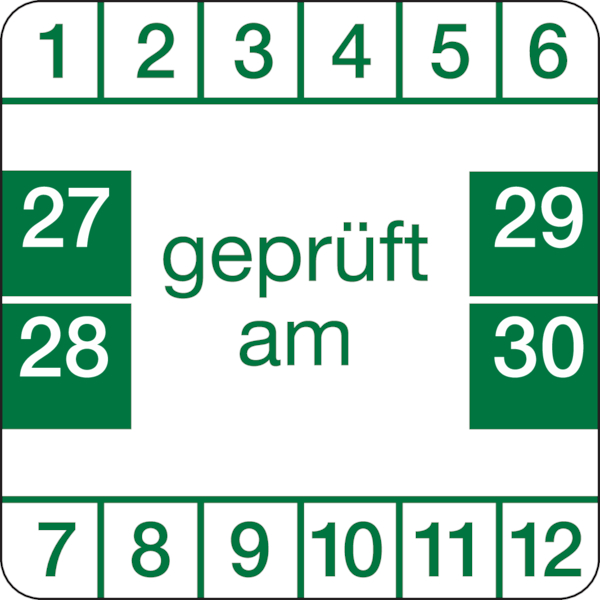 Prüfplakette ab 27, "geprüft am", grün/weiß - Bogen = 10 Plaketten - 30 x 30 mm Folie selbstklebend Image