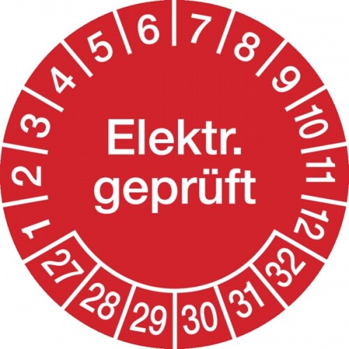 König Werbeanlagen Prüfplakette ab 27, Elektr. geprüft ab 27, rot/weiß, Ø 20/30 mm - Bogen = 10 Plaketten - 30 mm Folie selbstklebend Image