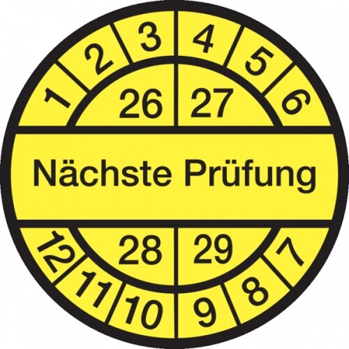 König Werbeanlagen Prüfplakette ab 26, Nächste Prüfung, schwarz/gelb, Folie, Ø 12,5/30 mm - Bogen = 10 Plaketten - 30 mm Folie selbstklebend Image