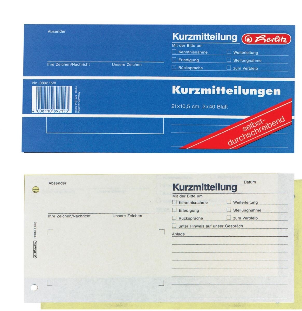herlitz Formularbuch Kurzmitteilung 21x10,5cm 2x40 Blatt selbstdurchschreibend Image