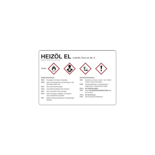 Gefahrstoffetikett, Heizöl EL, Folie, mit H- und P-Sätzen /GHS/CLP/GefStoffV – 105×74 mm Folie selbstklebend