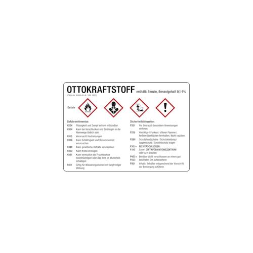 Gefahrstoffetikett, Ottokraftstoff, Benzin, Folie, mit H- und P-Sätzen /GHS/CLP/GefStoffV – 210×148 mm Folie selbstklebend