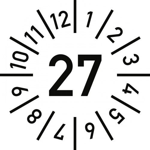 Dreifke® Prüfplakette Jahr 27 mit Monaten, weiß, Folie-Spezialkl., Ø 25 mm, 10 St./Bo. Image