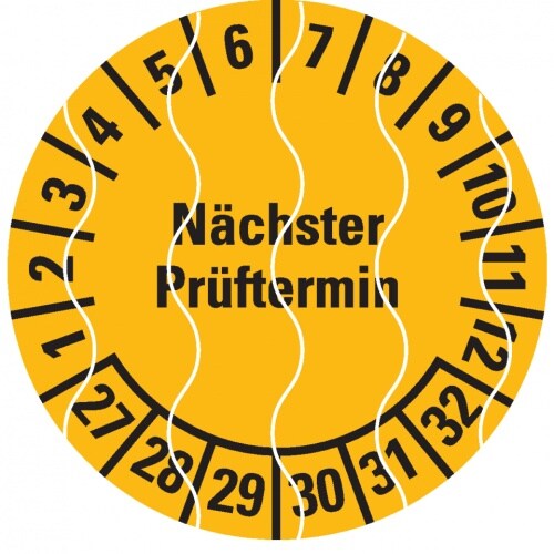 Dreifke® Prüfplakette Nächster Prüftermin 27-32, gelb, Sicherheitsfolie, Ø 30mm, 18 St/Bogen Image