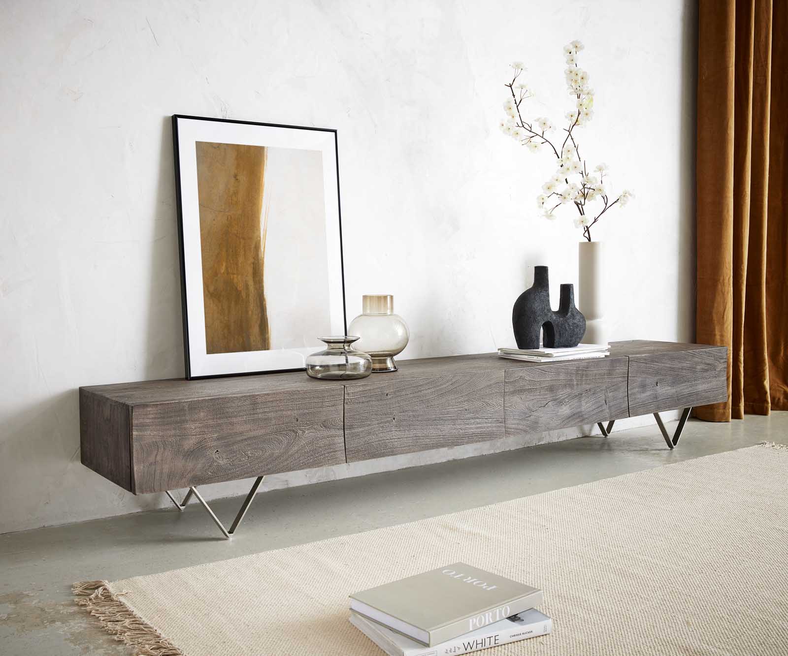 DELIFE Lowboard Wyatt 220 cm Akazie Platin 4 Schübe V-Fuß Edelstahl, Lowboards Image