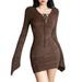 Women s Spring Autumn Solid Color Long Sleeve V Neck Tie Up Dress