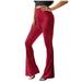 ZHIZAIHU Pants for Women Casual Solid Color High Waist Ribbed Flare Long Pants Comfy Elastic Slim Leg Trousers Women Sweatpants Red M