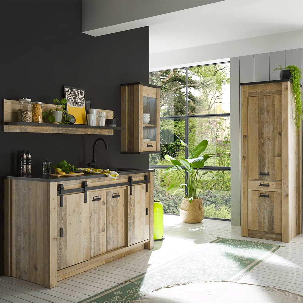 Country Style Küche in Holz verwittert Anthrazit (vierteilig)
