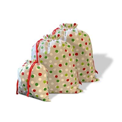 Joita DANCING DOTS Santa Sack Drawstring 3 Pcs Cotton Fabric Christmas Gift Bag with Luxury Satin Lining for Christmas Present