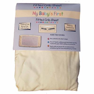 My Baby's First Fitted Crib Sheet, 100% Cotton, All Natural, Patented Sta-On Elastic Safety Bands, 27" x 54"