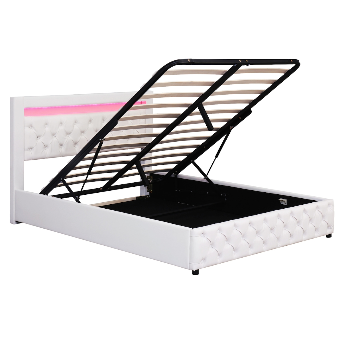 Merax LED Hydraulisches Polsterbett 140x200 Stauraumbett Doppelbett aus Kunstleder mit Lattenrost Weiß Image