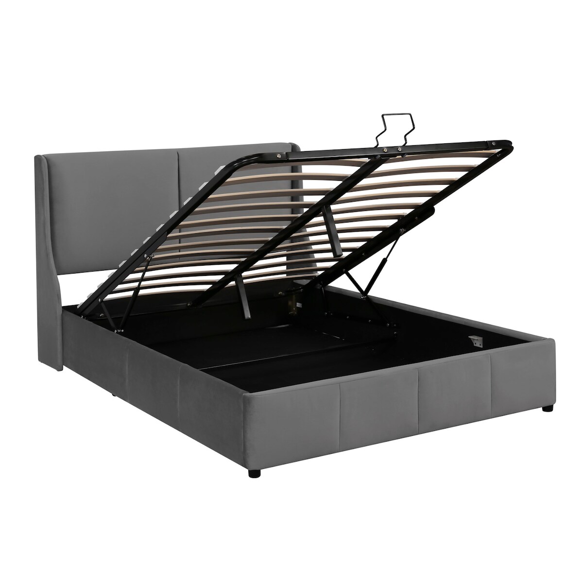 Merax Hydraulisches Polsterbett 140x200 Stauraumbett Ohrform Doppelbett aus Samt mit Kissenkopfteil & Lattenrost Grau Image