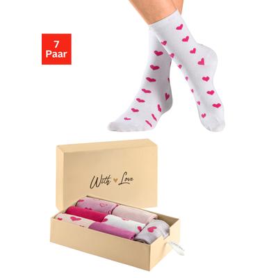 Basicsocken LASCANA, Damen, Gr. 35-38, bunt (4x gemustert, 3x uni), Baumwollmischung, uni und gemustert, elastisch, Socken, in Geschenkbox für den Valentinstag Image