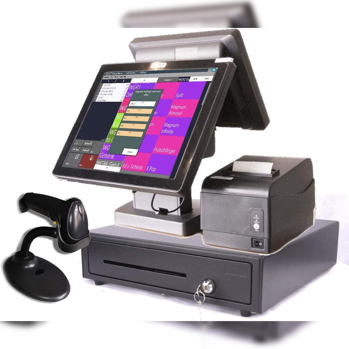 15" Kasse für EINZELHANDEL und SCHNELLGASTRONOMIE: 12" Multimedia Kundenanzeige, Bondrucker, Barcodescanner, Geldlade Image