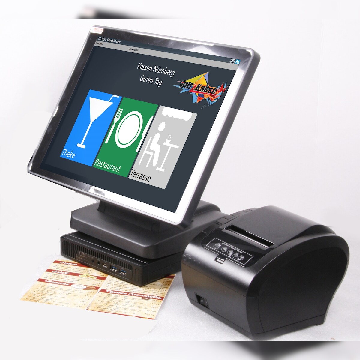 15" Kasse für GASTRONOMIE: 15" Touchscreen, Kassenrechner, Bondrucker, Blitzkasse Restaurant'M Kassensoftware Image