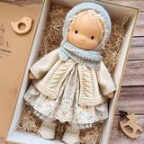 TUTUnaumb Christmas Waldorf Doll Knitted Plush Doll Baby Enamel Doll with Scarf Stuffed Plush Girl Toy Christmas Birthday Gift for Kids Holiday Decor Party Supplies(with Gift Box)-Beige