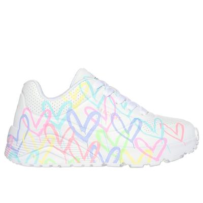 Skechers Girl's JGoldcrown: Uno Lite - Spread the Love Sneaker | Size 1.0 | White/Pink Turquoise | Synthetic | Machine Washable