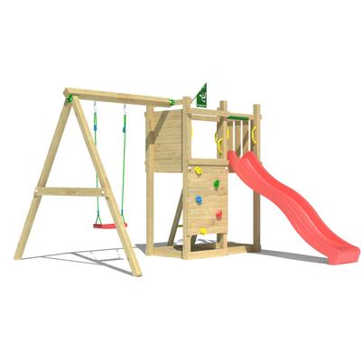 Spielturm JUNGLE GYM "Deck", rot, Spieltürme, KinderB:296cm H:232cm T:342cm, Holzwerkstoff, Spielanlage mit Schaukel und Rutsche mit Wasseranschluss, B:296cm H:232cm T:342cm