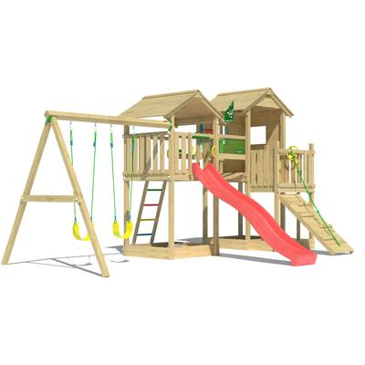 Spielturm JUNGLE GYM "Stronghold", rot, Spieltürme, KinderB:394cm H:310cm T:626cm, Holzwerkstoff, Spielanlage mit 2 Türmen, Schaukel und Rutsche mit Wasseranschluss, B:394cm H:310cm T:626cm