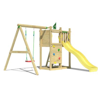 Spielturm JUNGLE GYM "Deck", gelb, Spieltürme, KinderB:296cm H:232cm T:342cm, Holzwerkstoff, Spielanlage mit Schaukel und Rutsche mit Wasseranschluss, B:296cm H:232cm T:342cm