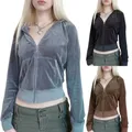 Women Hooded Coat Long Sleeve Zipper Heart Side Pockets Fall Spring Street Casual Loose Short Velvet