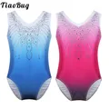 Kids Sleeveless Shiny Rhinestones Sports Workout Unitards Gymnastics Leotards For Girls Ballet Stage