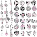 Silver Color Pink Heart Life Tree Bag Flower Girls Beads Fit Original Pandora Charms Dangle Pendant