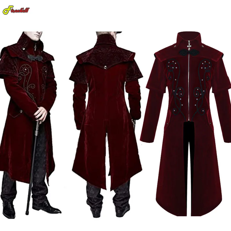 Männer Gothic Medieval Steampunk Burg Vampire Teufel Roten Mantel Cosplay Kostüm Viktorianischen Luxus Smoking Anzug Graben Jacken Image