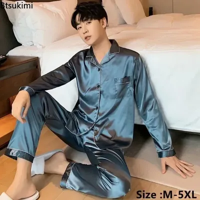 Männer Casual Pyjamas Sets Übergroße Seide Herren Pyjama Hosen Sets Satin Langarm Nachtwäsche Hause Pijama Nacht Tragen Loungewear Image