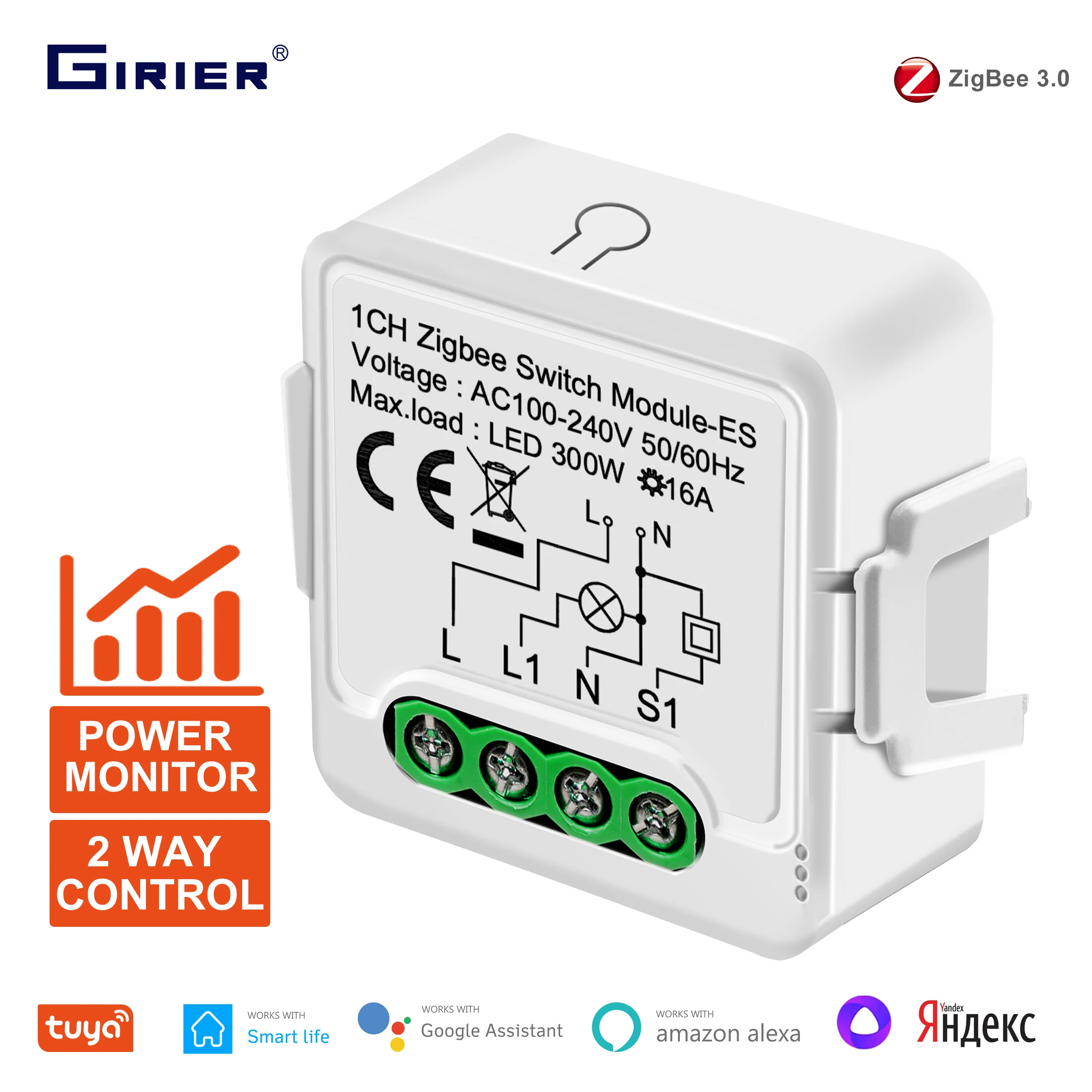GIRIER Tuya ZigBee Smart Switch 16A mit Power Monitor Funktion DIY Universal Breaker Funktioniert mit Alexa Hey Google Yandex Alice Image