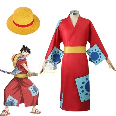 Anime Luffy Cosplay Kostüm Wano Country Monkey D. Luffy Cosplay Kimono für Mann Erwachsene Rote Image
