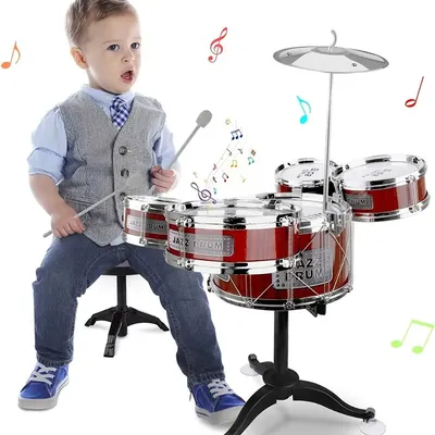 Kids Drum Set Musical Toy Drum Kit for Toddlers Jazz Drum Set with Stool 2 Drum Sticks Cymbal and