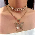 LATS Punk Cuban Double Layer Big Butterfly Pendant Necklace Full Rhinestone Gold Color Choker Thick