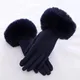 Female Faux Rabit Fur Suede Leather Touch Screen Driving Glove Winter Warm Plush Thick Embroidery