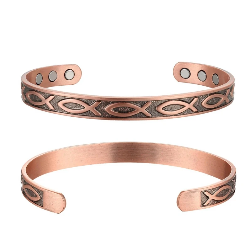 Neue Öffnung Magnetische Geschnitzten Fisch Muster Armband für Männer Frauen Vintage Kupfer Farbe Energie Armreif Klassische Casual Partei Schmuck