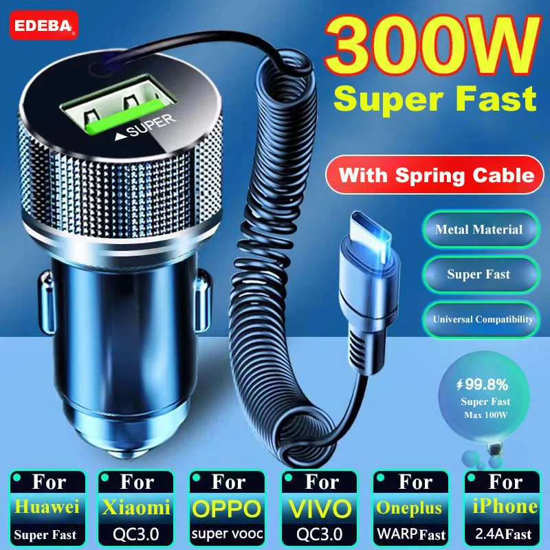 EDEBA USB-Autoladegerät aus Metall mit Typ-C-Kabel, 12 V, superschneller Lade-Fahrzeugadapter, 2-in-1, für iPhone, Samsung, Huawei, VIVO, OPPO Image