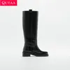 Qutaa 2024 ins Frauen kniehohe Stiefel Leder med Absatz warme Stiefel Motorrads tiefel Punk Schuhe Frau hohe Stiefel Größe 34-43
