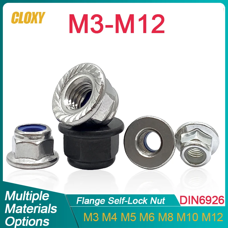 2 ~ 50 Stück DIN6926 Edelstahl/Kohlenstoffstahl/Nylon Flansch Sicherungsmuttern M3 M4 M5 M6 M8 M10 M12 Image