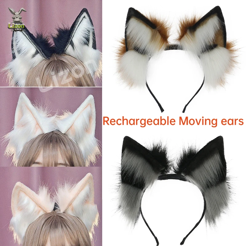 Bewegliche Ohren, Fuchsohren und Schwanz, weißes Wolfsohren-Stirnband, Halloween-Cosplay-Geschenke, schwarze rote Wolfsohren und Schwanz, Tierohren und Schwanz Image