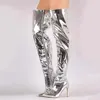 Frauen Stiefel Spiegel Plattform Spitze Zehen Punk Hohe Dünne Fersen Über Das Knie Lange Stiefel Herbst Winter Zip Silber Casual party Schuhe