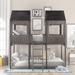 Full Over Full House Shape Bunk Bed, Wooden Kids Bunk Bed Frame with Roof, Window, Guardrail, Ladder, Antique Grey