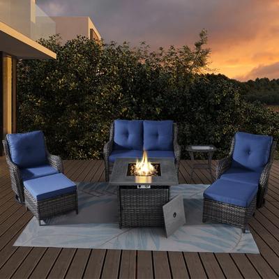 Fire Pit Table with PE Loveseat Swivel Chair