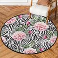 Zebra Flower Print Round Rug 3Ft Small Circle Area Rug Soft Non-Slip Washable Indoor Floor Mat Ultra-Thin Throw Carpet for Entryway Bedroom Bathroom Living Room