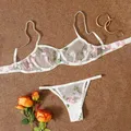 Womens Flower Embroidery Lingerie Set Mesh Sheer Seamless Bra Set Transparent Sweet Cozy Thongs