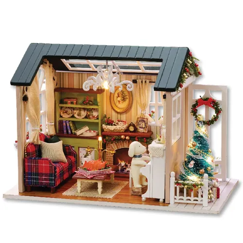 DIY Weihnachten Miniatur Puppenhaus Kit realistische Mini 3D Holzhaus Zimmer Handwerk mit Möbeln LED